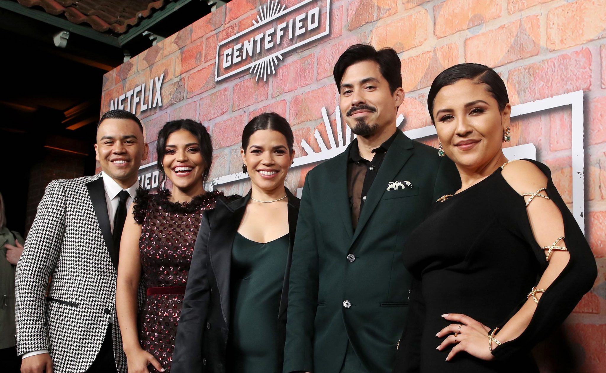 J.J. Soria, Karrie Martin, America Ferrera, Carlos Santos and Annie Gonzalez attend the premiere of Netflix's 'Gentefied.' 
